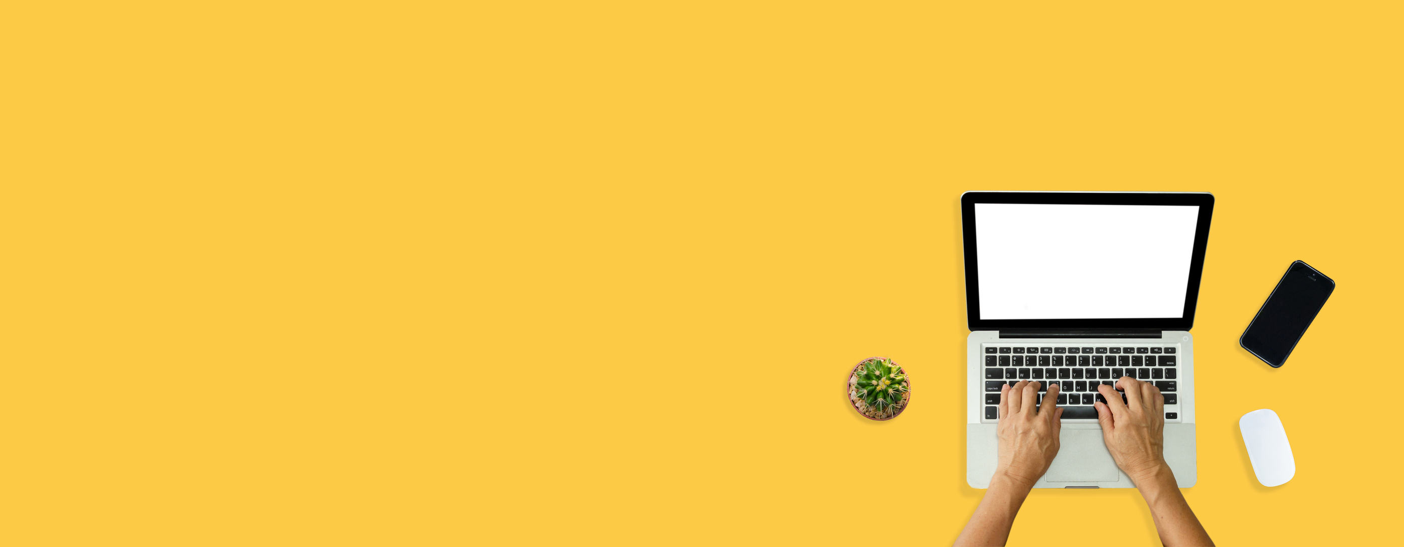 Hand Using Computer Laptop and Mouse, Phone from above on Yellow
